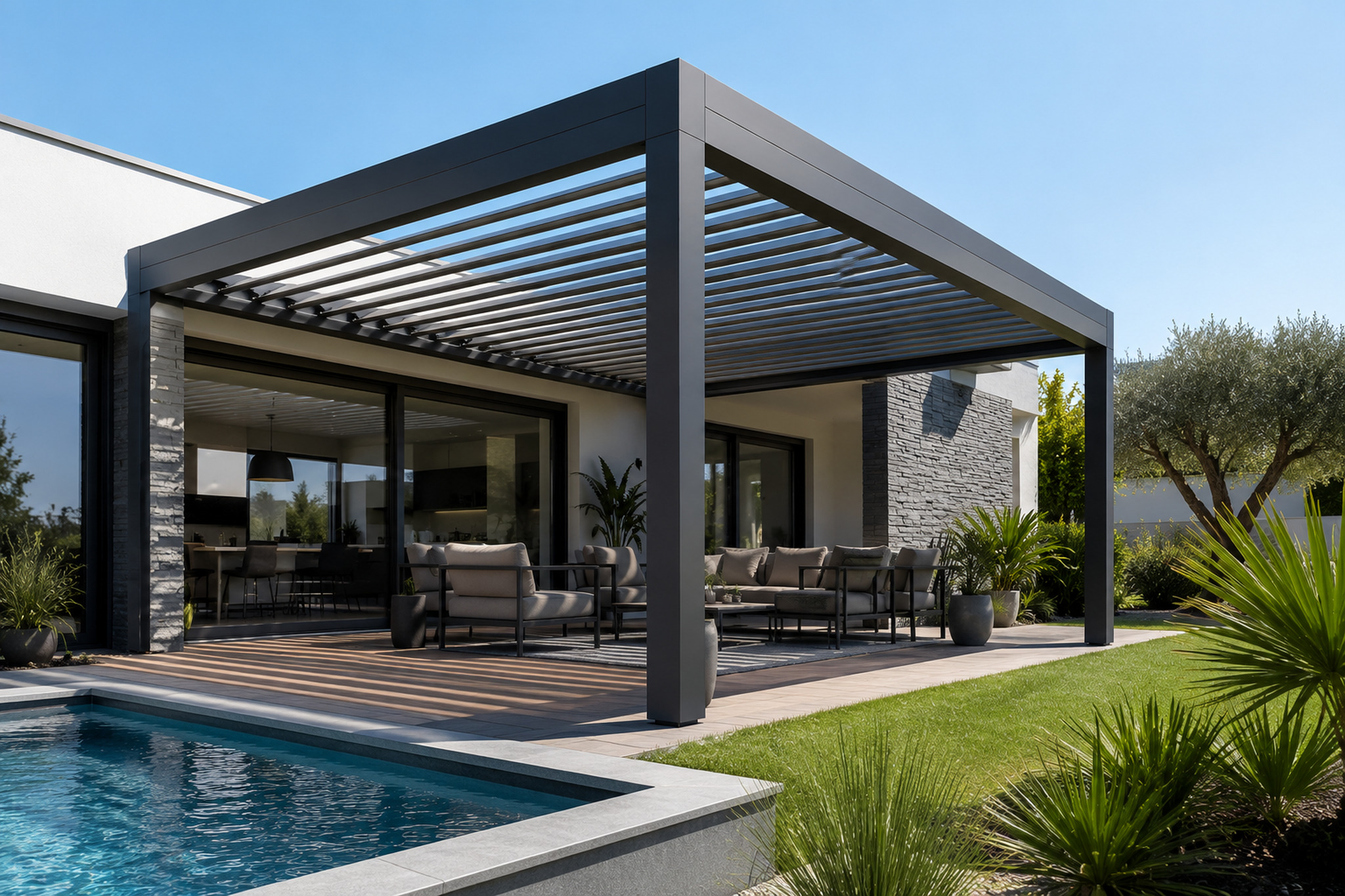 Pergola bioclimatique a lames orientables aluminium anthracite, au bord d une piscine