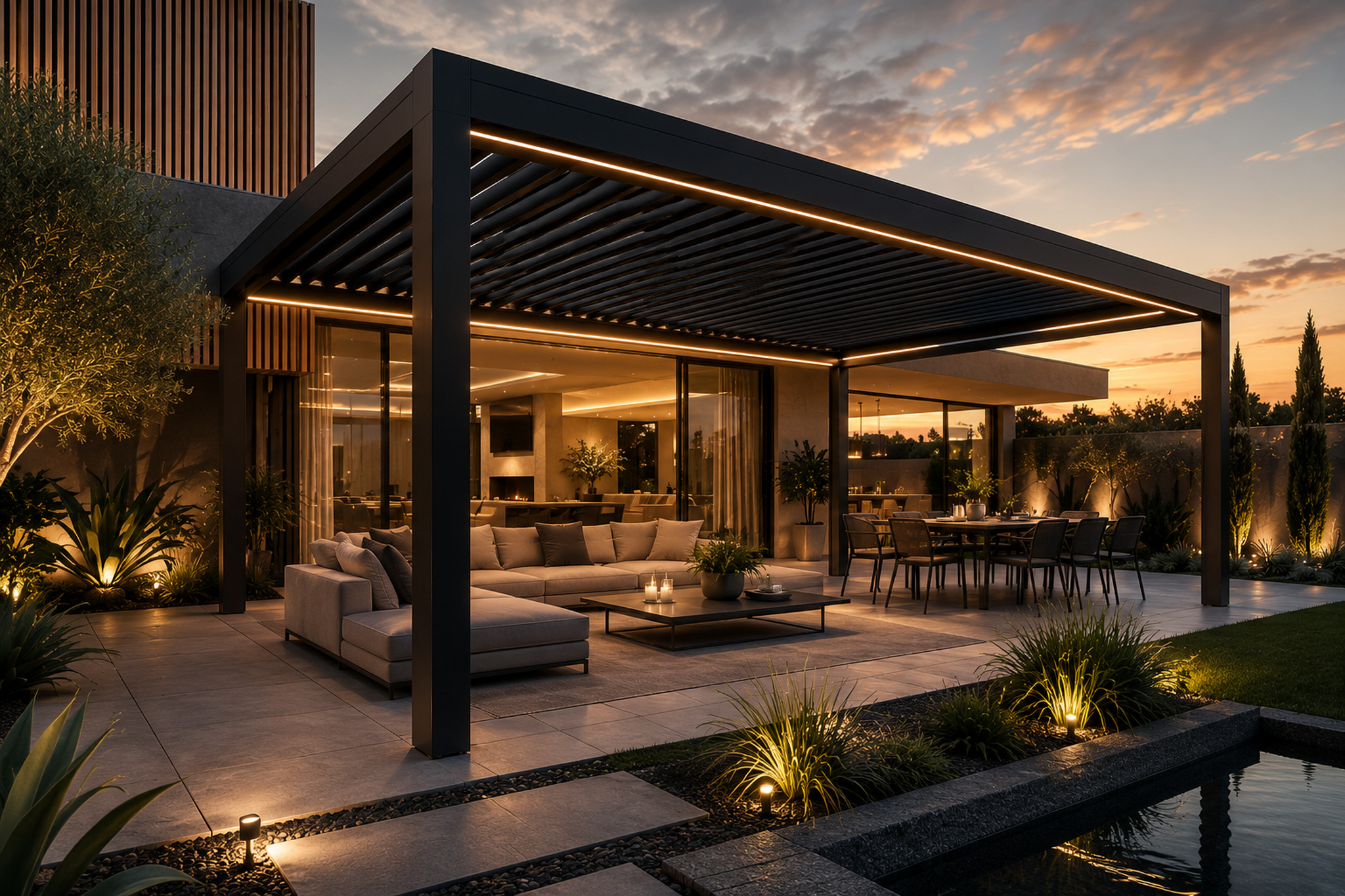 Pergola bioclimatique aluminium noir avec éclairage LED intégré au-dessus d'un salon de jardin, à la tombée du jour