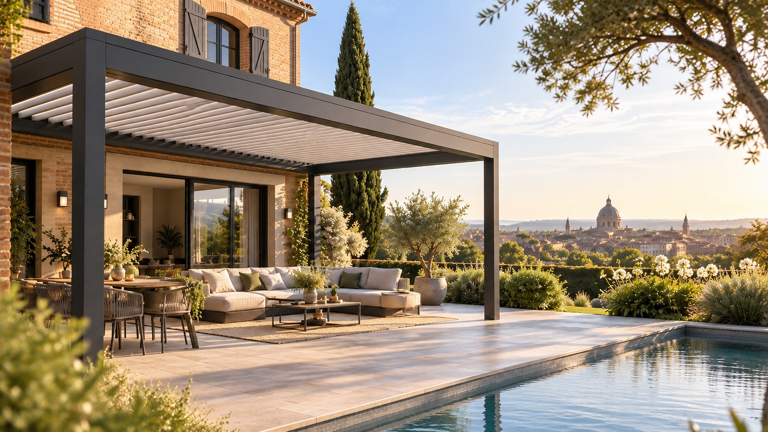 Pergola bioclimatique anthracite à lames blanches contre une maison, au bord d’une piscine