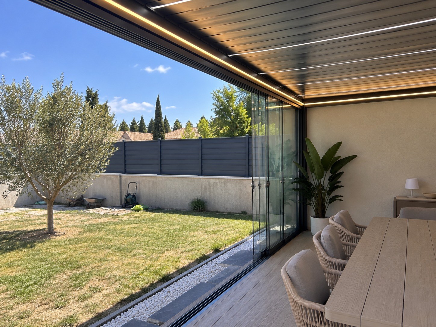 Angle d’une pergola anthracite vu d’en dessous : poutre, poteau et lames, sans vis apparente