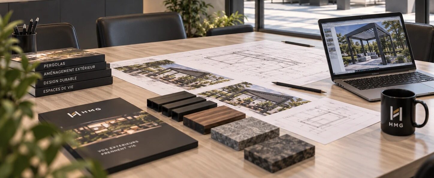 Table de projet dans le showroom HMG : plans, échantillons de lames et de teintes, projection 3D à l’écran