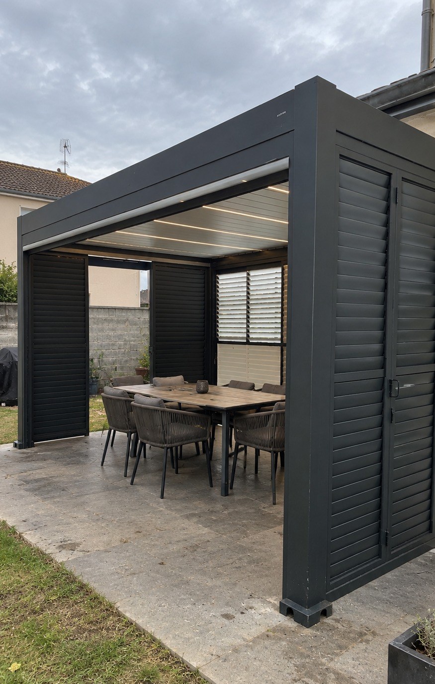 Pergola bioclimatique M8 anthracite avec panneaux à lames, posée sur une terrasse