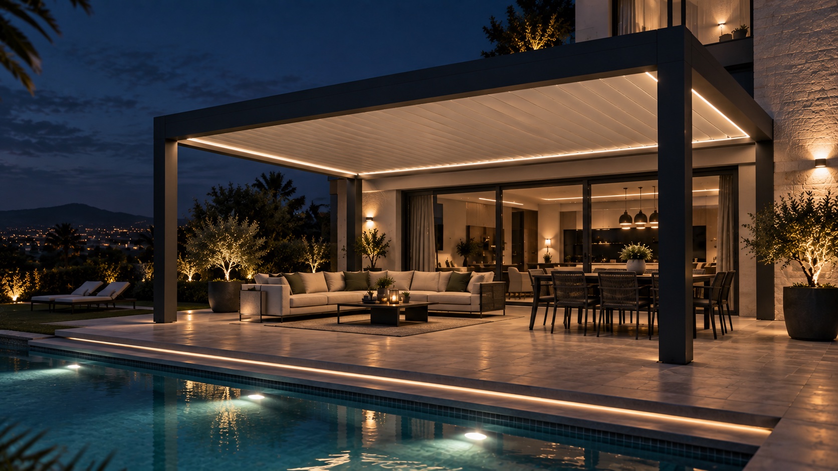 Pergola bioclimatique éclairée le soir, au bord d’une piscine