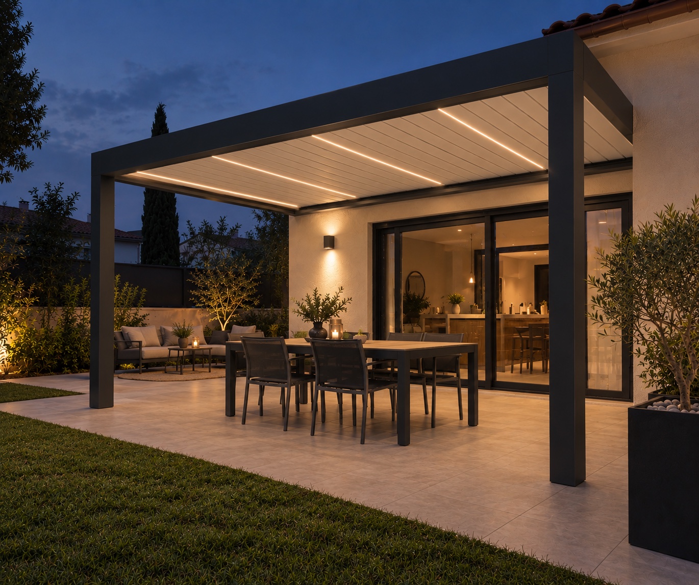 Pergola P8 à lames blanches, éclairage intégré aux lames allumé, le soir