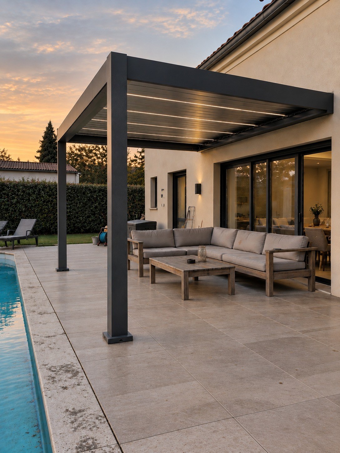 Pergola bioclimatique P8 anthracite adossée, éclairage allumé au crépuscule, au bord d’une piscine